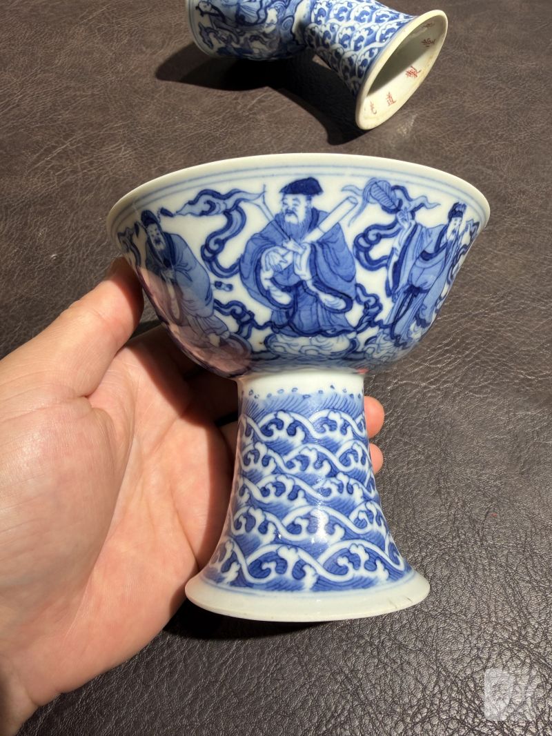 清道光 青花八仙人物高足碗一对 - 图4